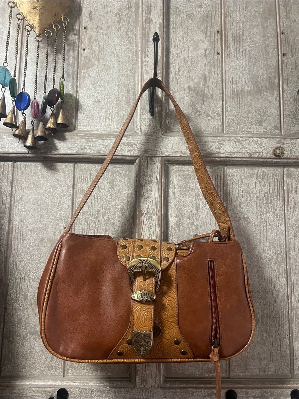 Brown Leather Shoulder Bag with Tooled Strap